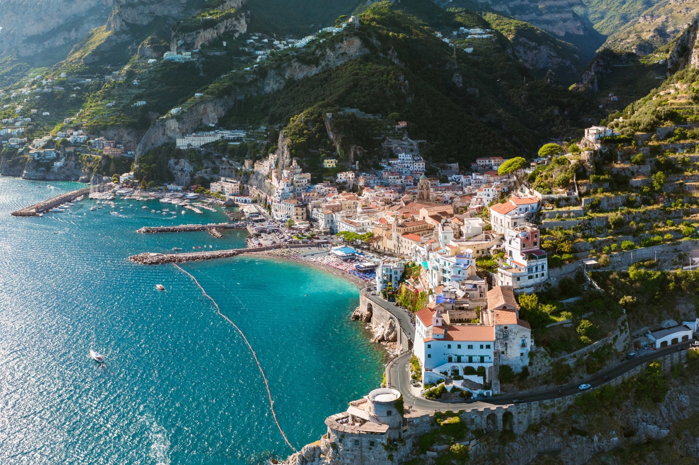 Aerial panorama of Amalfi town and the sea