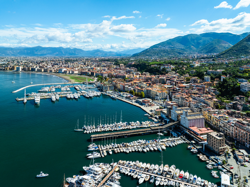 Panoramic aerial view of the port of Castellammare di Stabia and the Gulf of Naples