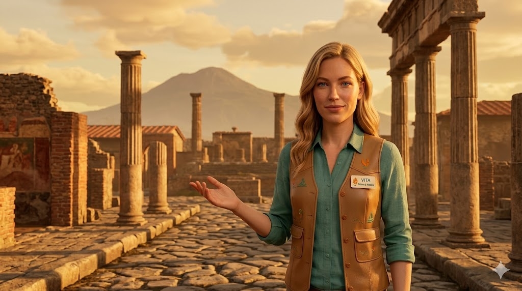 A guide at the Pompeii Forum with Vesuvius behind