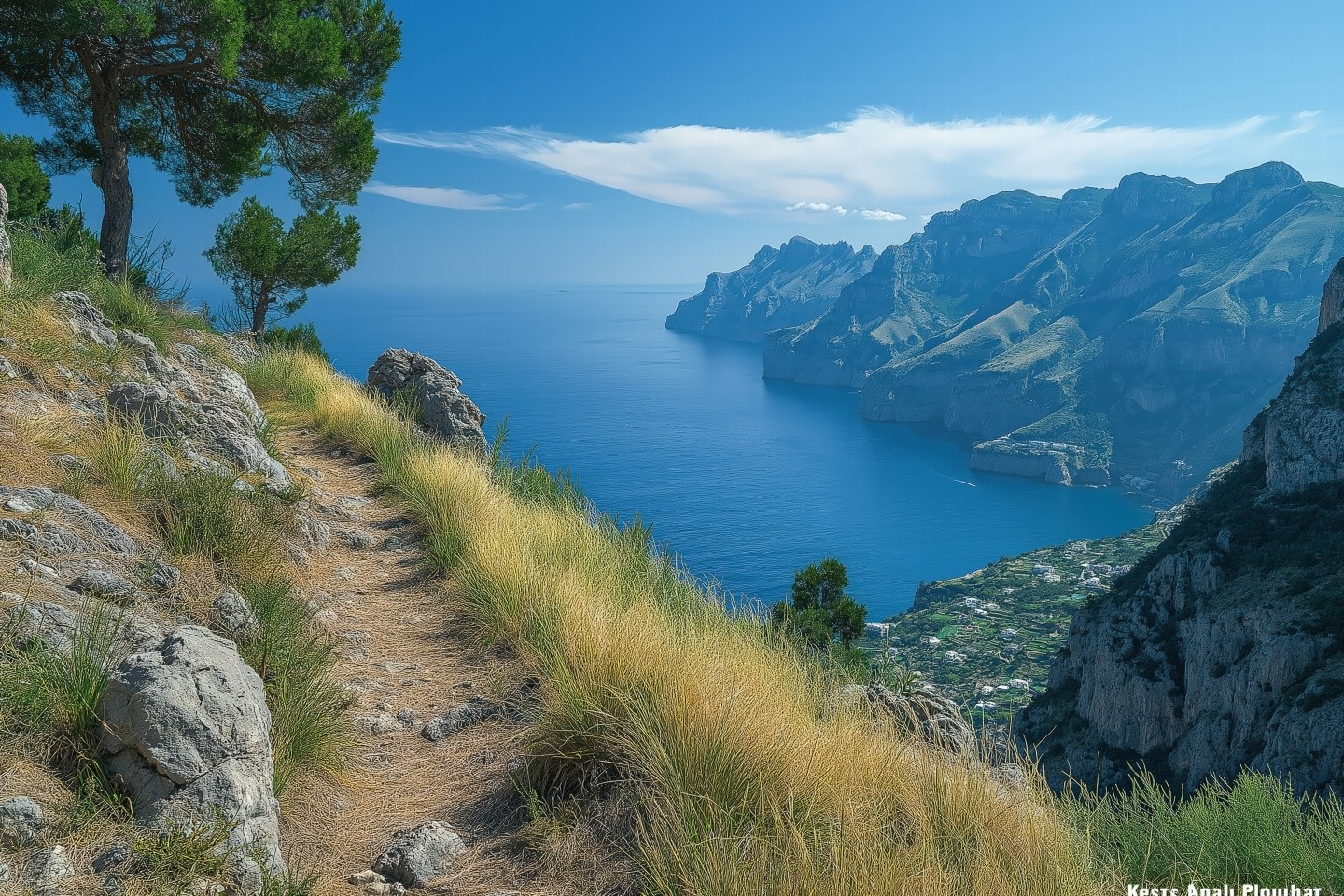 A lush green hiking trail through the Valle dei Mulini in Amalfi, featuring historic paper mill ruins and a natural stream.