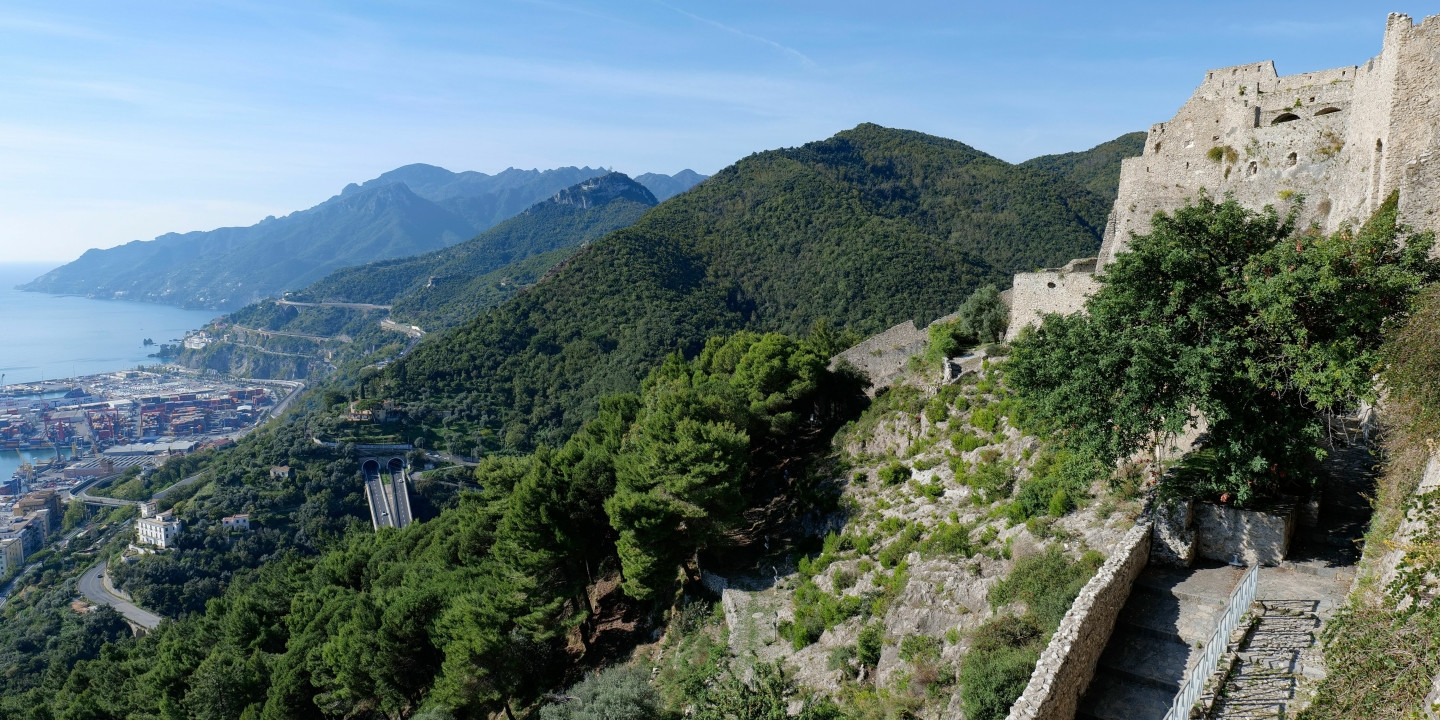 Panoramic view of Salerno and the Gulf from Arechi Castle with mountains and coastline