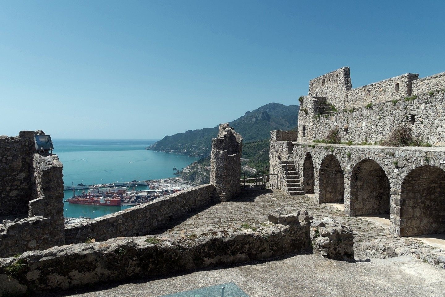 Ruins of Arechi Castle in Salerno overlooking the sea and harbor from historic fortress
