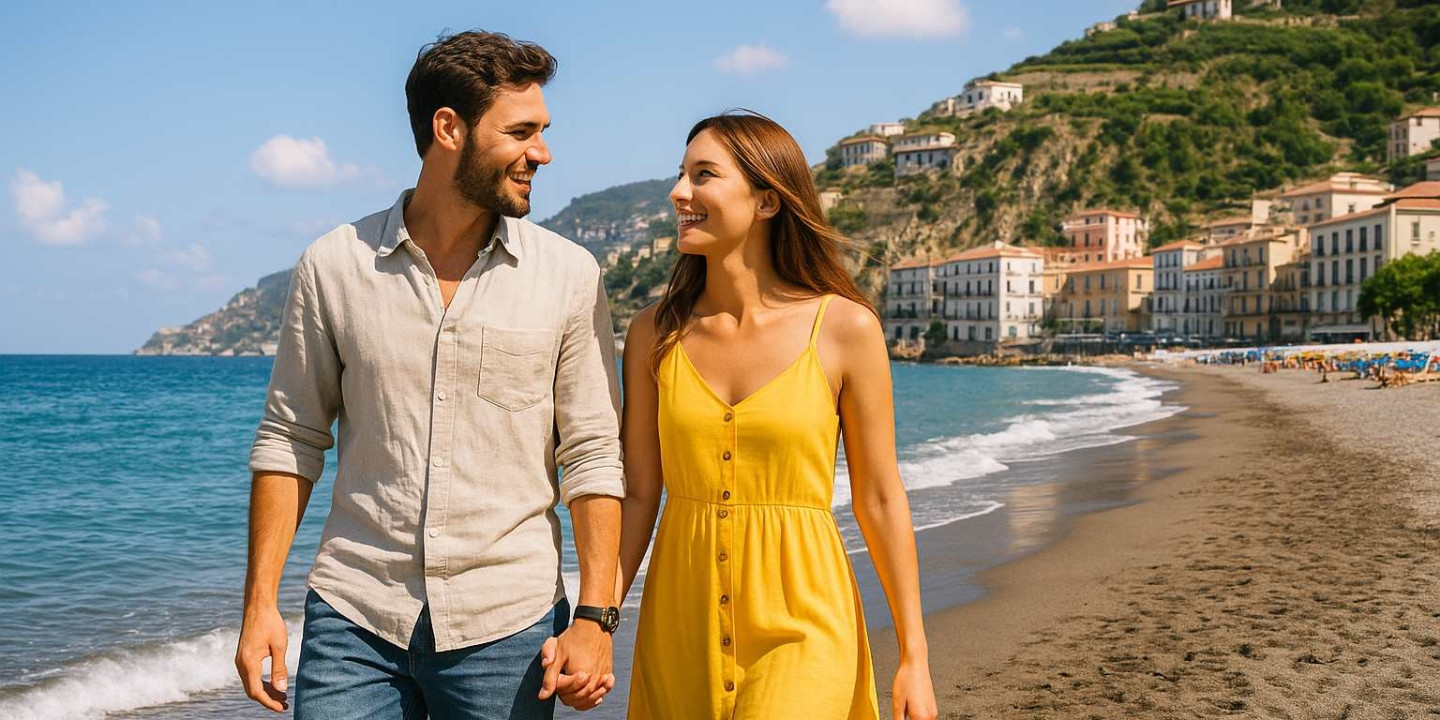 Couple walking on the beach in Minori on the Amalfi Coast