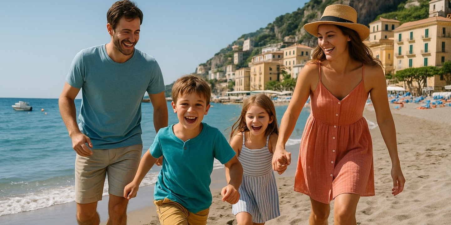 Family walking on Minori beach on the Amalfi Coast during a relaxed seaside tour