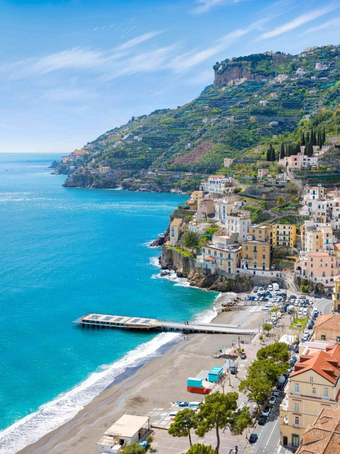 Panoramic view of Minori town and beach on the Amalfi Coast Italy