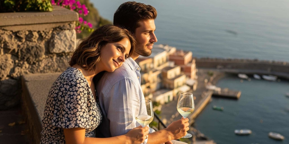Couple enjoying white wine at sunset on a panoramic terrace overlooking Sant'Angelo village in Ischia.