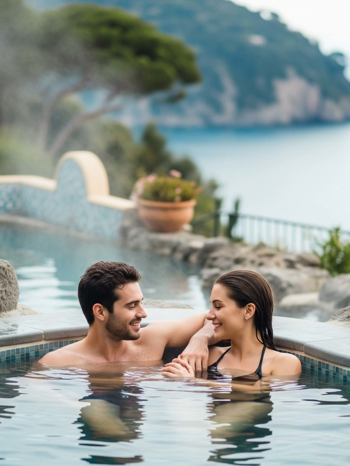 Couple relaxing in a panoramic thermal pool in Ischia overlooking the coast and the Mediterranean Sea.