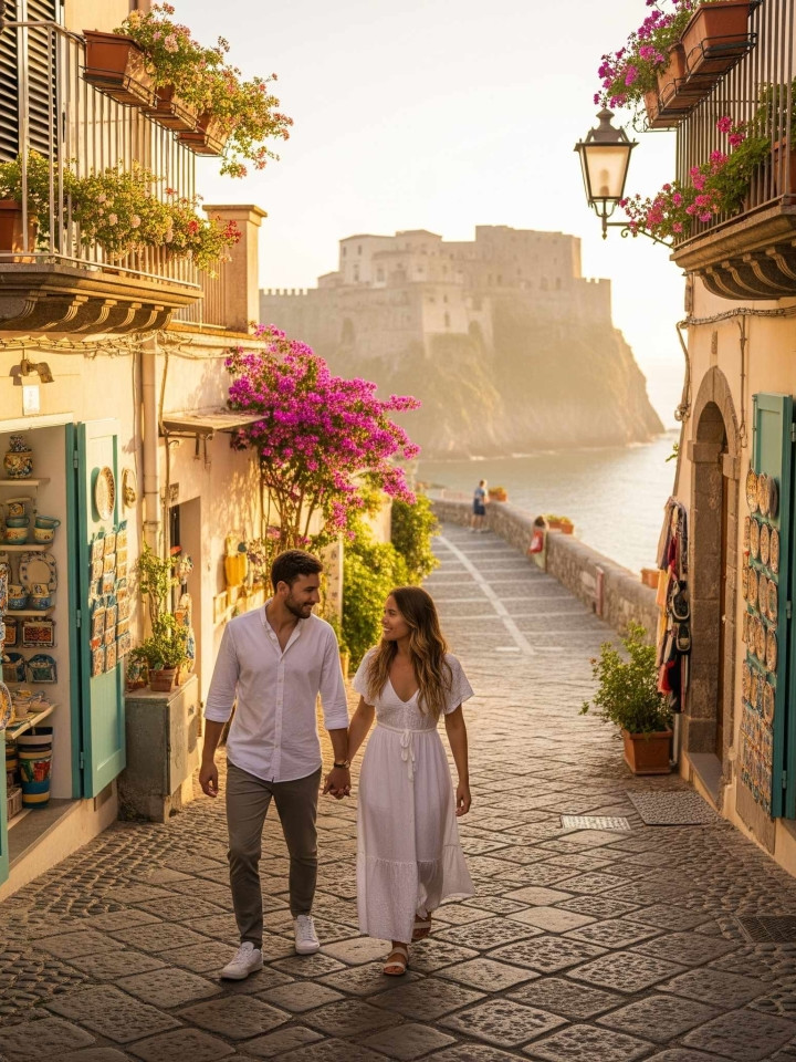 A young couple walking hand-in-hand through the flowery alleys of Ischia Ponte with the Aragonese Castle in the background at sunset.