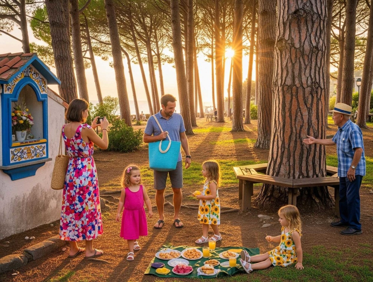 Family with young children enjoying a sunset picnic in Pineta Mirtina, Ischia, among tall pine trees and a decorated ceramic shrine.