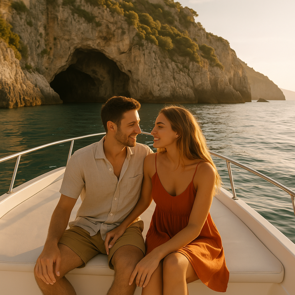 A happy couple enjoying a romantic boat excursion near a sea cave along the coast of Cetara.