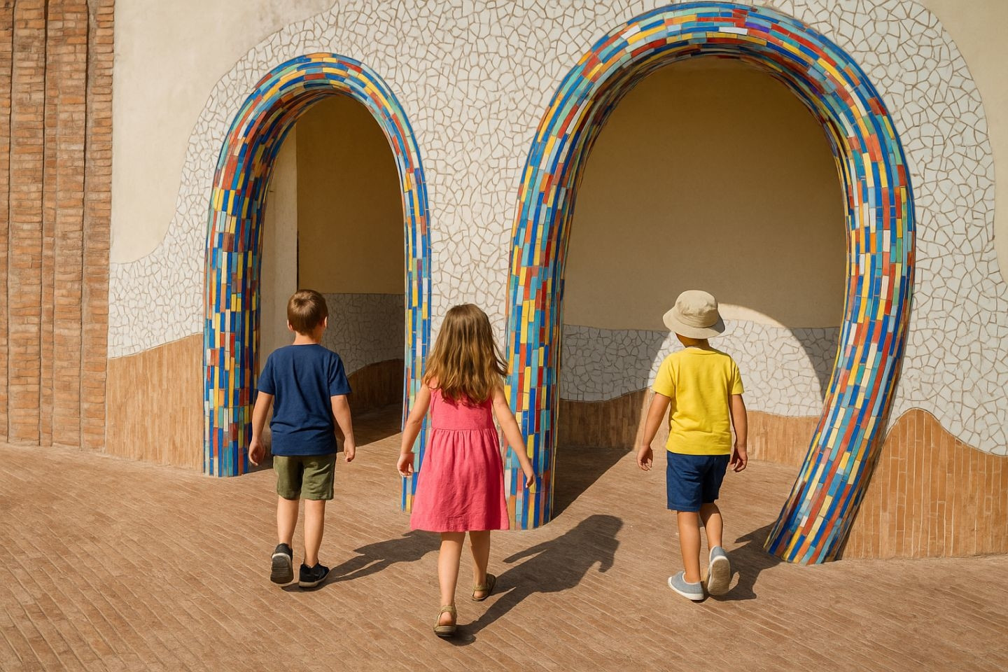 Un parco giochi d'arte: i bambini si divertono con la vivace architettura a mosaico della Villa Comunale.