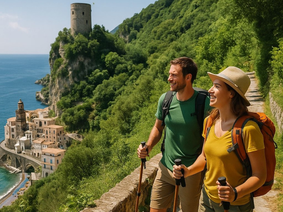 Coppia di escursionisti con zaino e bastoncini che percorre un sentiero panoramico sopra Atrani con vista sulla Torre dello Ziro