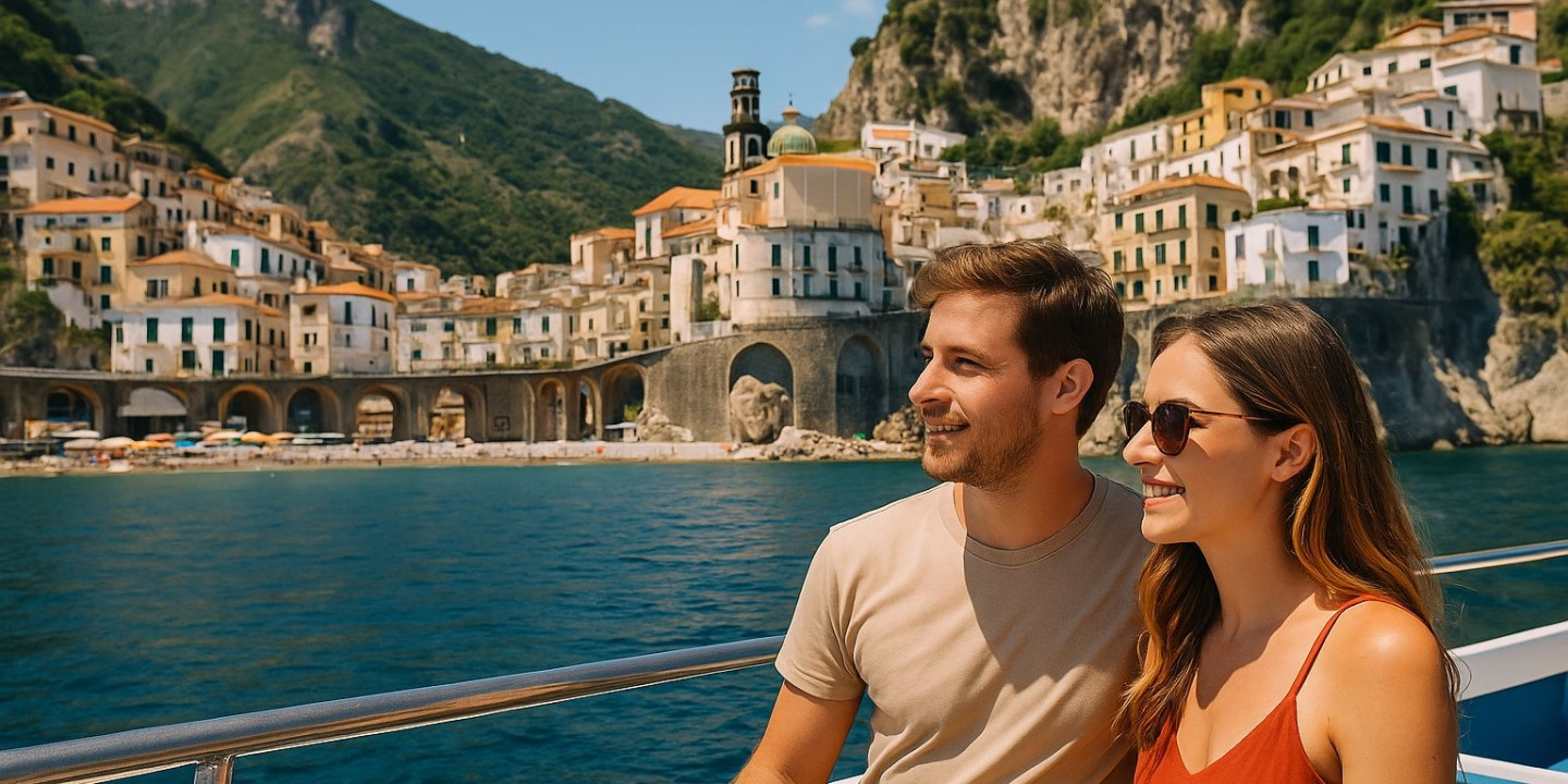 Una coppia romantica si gode l'arrivo ad Atrani, ammirando dal mare le case colorate, la spiaggia sabbiosa e gli antichi archi in pietra.