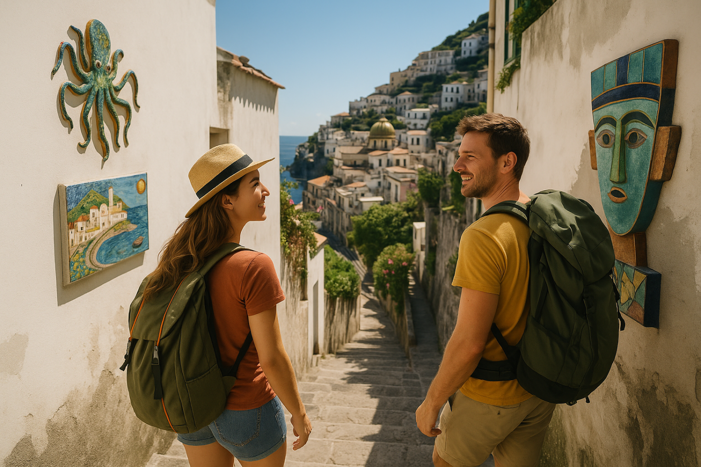 Two hikers walking through Praiano's alleys featuring outdoor ceramic art installations and Mediterranean architecture.