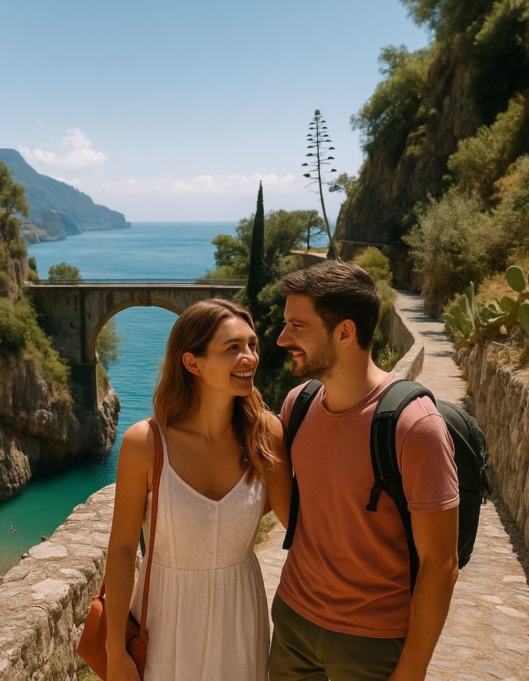 Una coppia di escursionisti sorridenti durante un trekking panoramico con vista sul ponte ad arco del Fiordo di Furore.