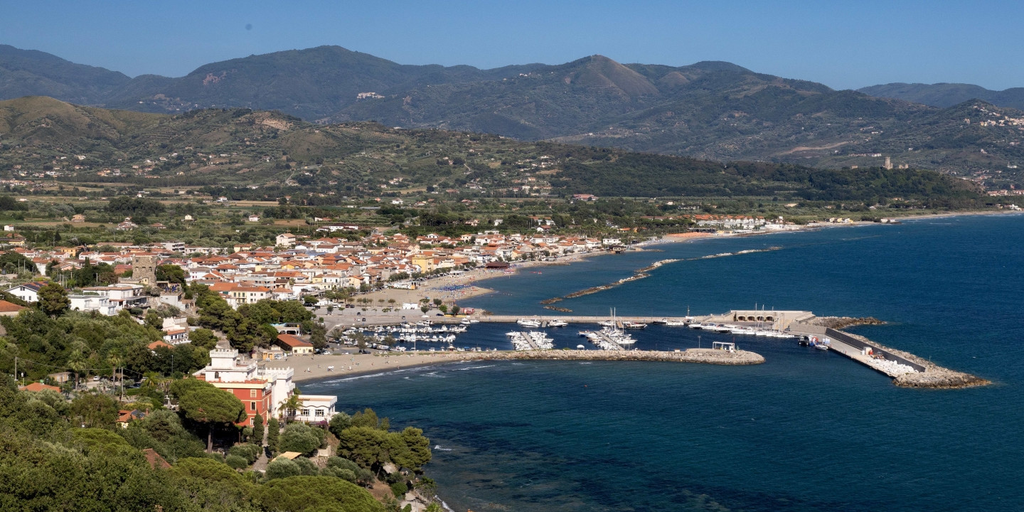 Panoramic view of Casal Velino marina and coastal town on the Cilento Coast in Campania