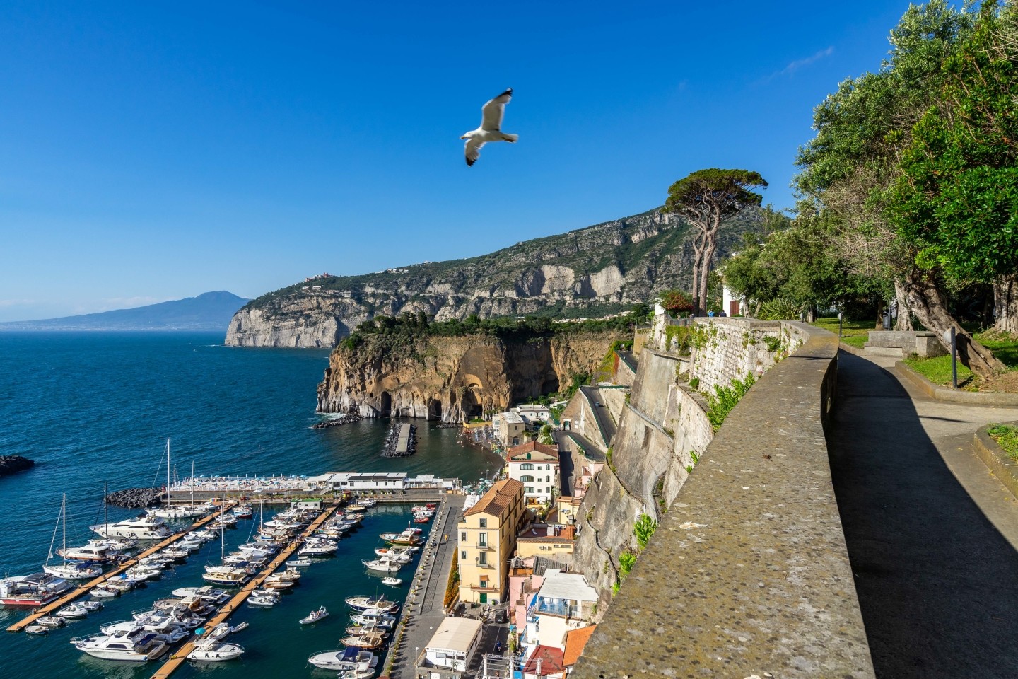 Aerial view of Marina di Cassano harbor in Piano di Sorrento on the Sorrento Peninsula