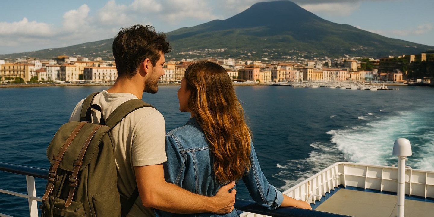 A young couple from behind admires the panorama of Castellammare di Stabia
