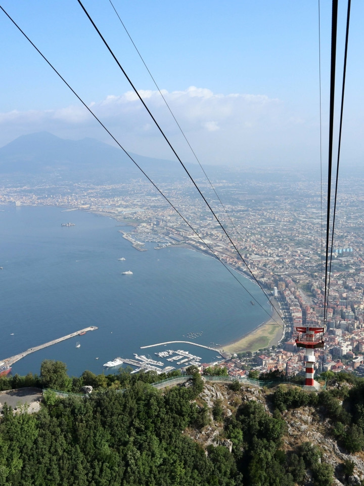 The cable car cabin of Castellammare di Stabia ascending towards Mount Faito