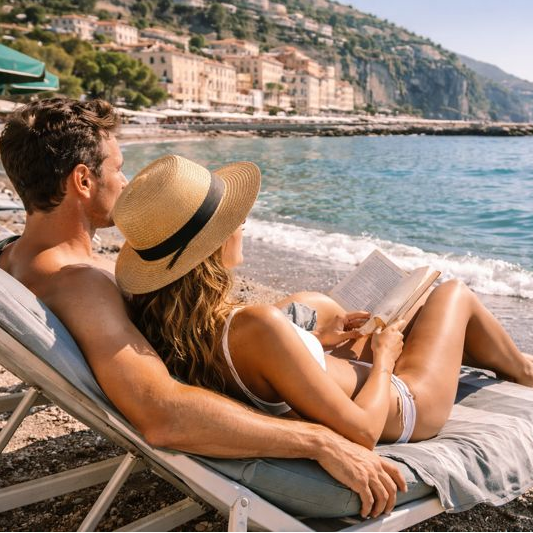 Coppia in abiti estivi seduta sulla spiaggia di ciottoli di Seiano, mentre si gode un momento di complicità