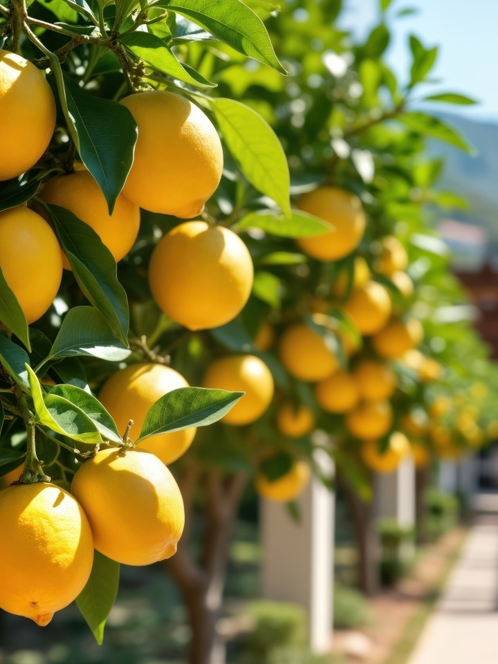 A romantic path through a traditional Sorrento lemon grove with ripe lemons hanging from a wooden pergola