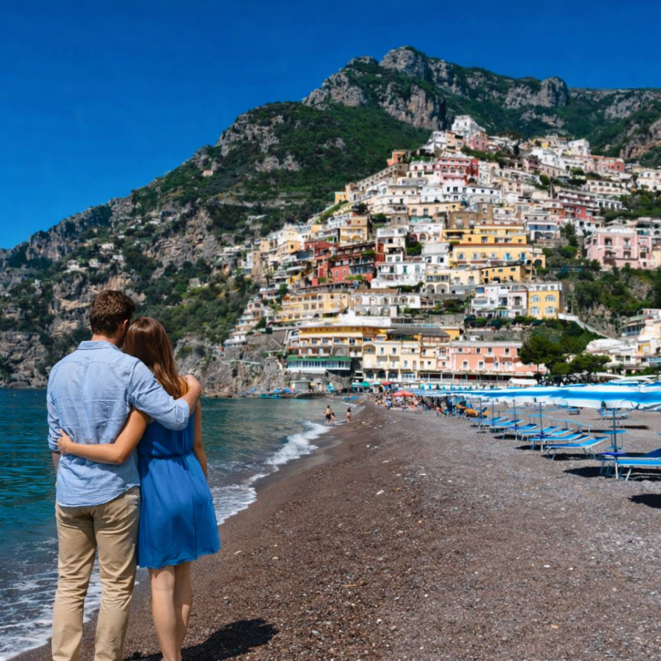 Couple on Positano beach admiring the colorful hillside houses during a romantic Amalfi Coast tour designed for couples.