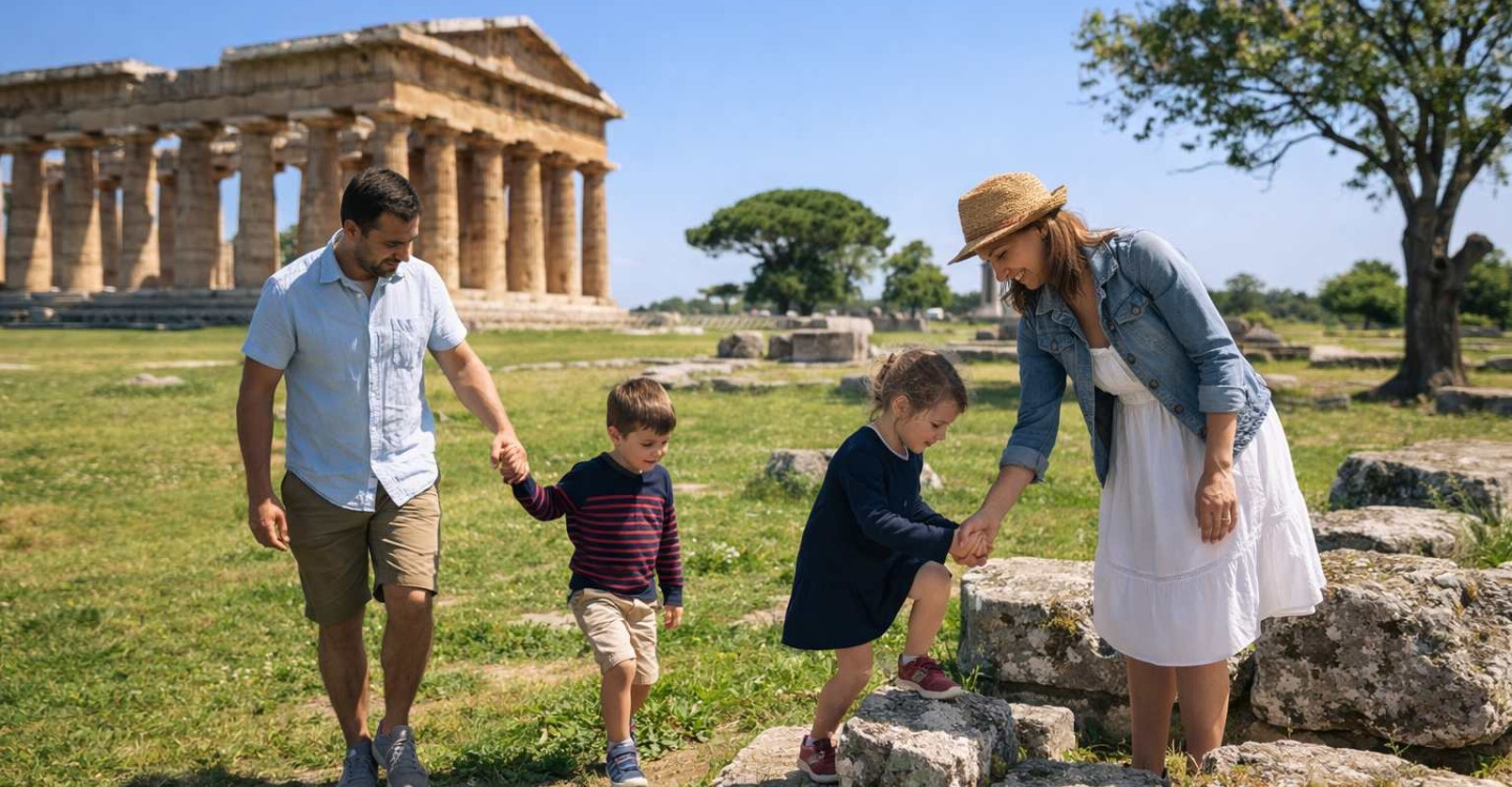 Family with children visiting the Greek temples of Paestum