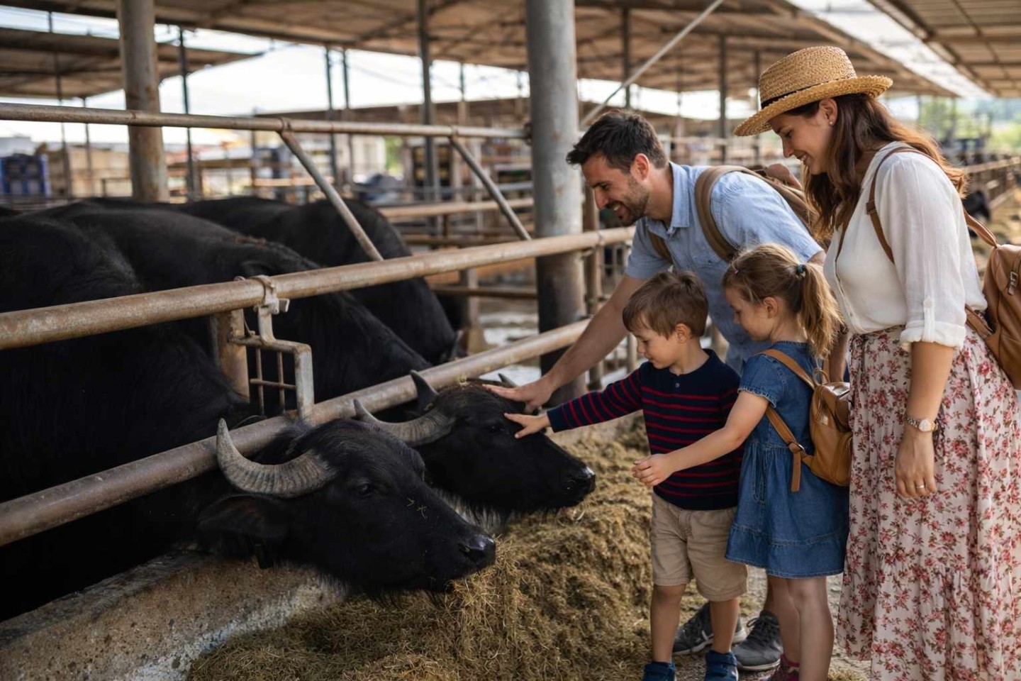 Children visiting a buffalo farm in Paestum with fresh mozzarella tasting