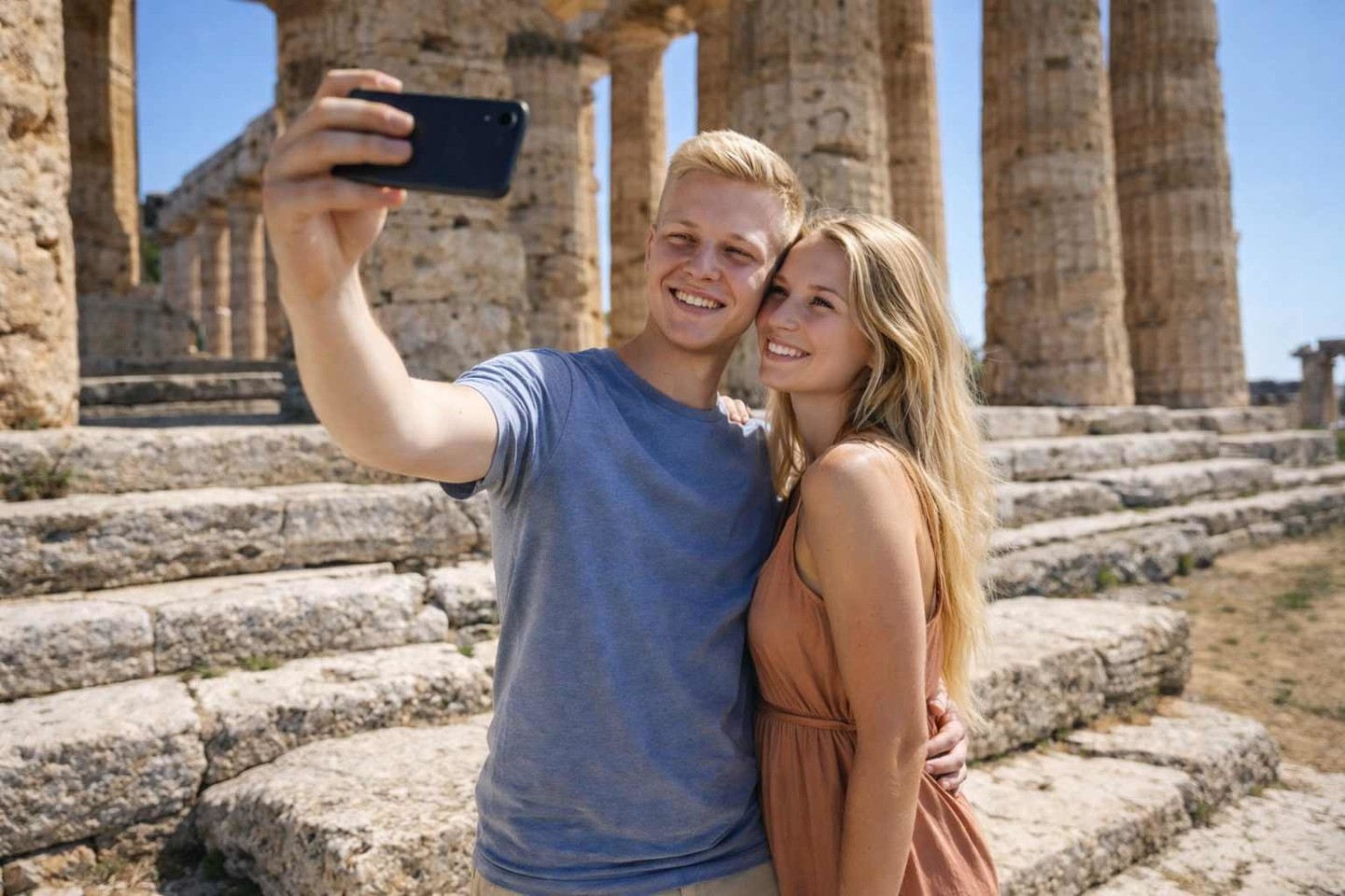 Couple among the ruins of Paestum during an exclusive experience