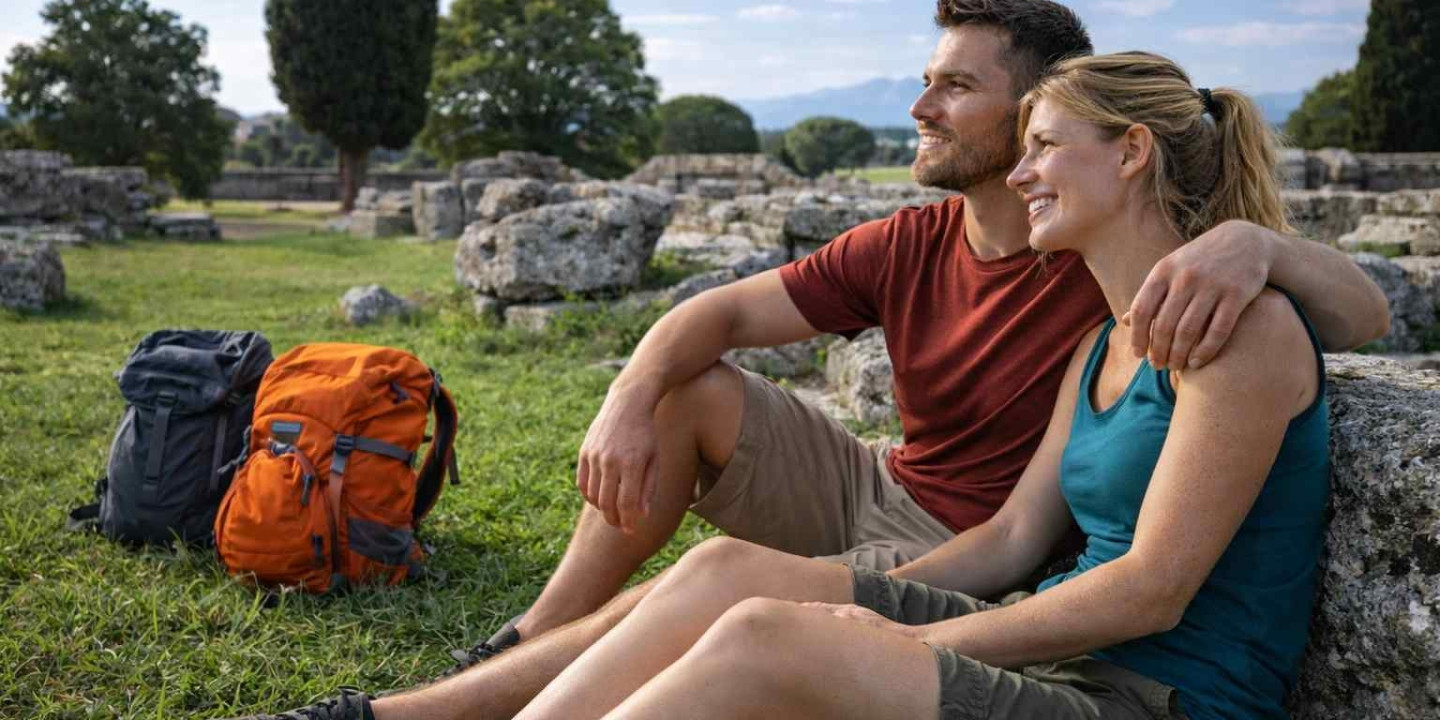 Giovane coppia che si riposa sull’erba tra le rovine archeologiche di Paestum con rocce antiche e paesaggio verde circostante.