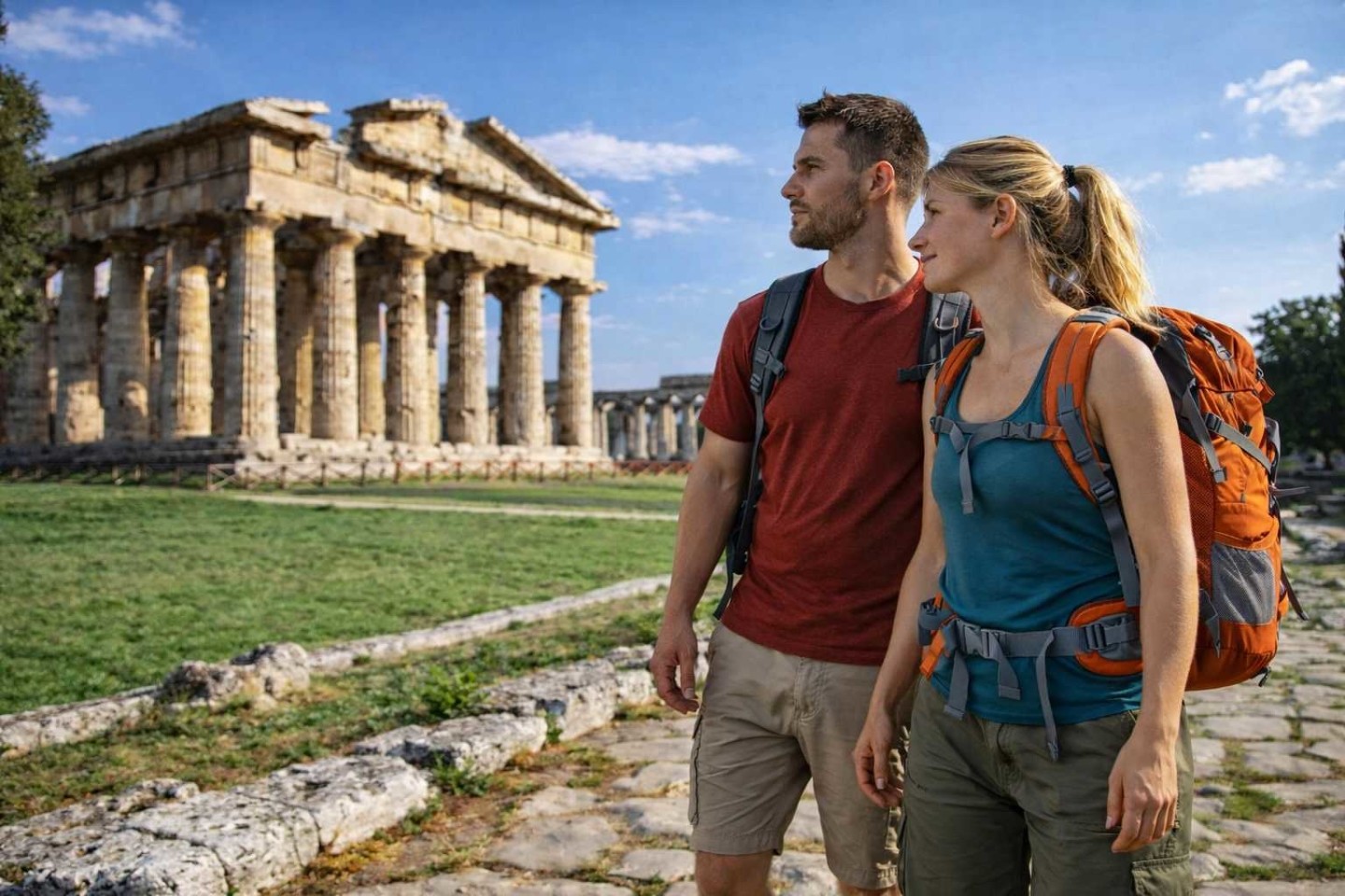 Coppia di escursionisti che esplora le rovine di Paestum lungo il percorso in pietra con il Tempio di Nettuno sullo sfondo sotto un cielo limpido.