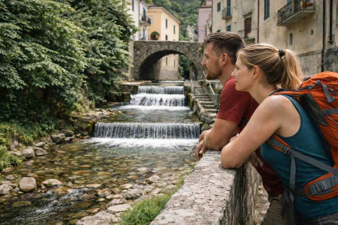 Coppia di viaggiatori appoggiata al parapetto nel centro storico di Salerno mentre osserva la cascata tra natura e architettura medievale.