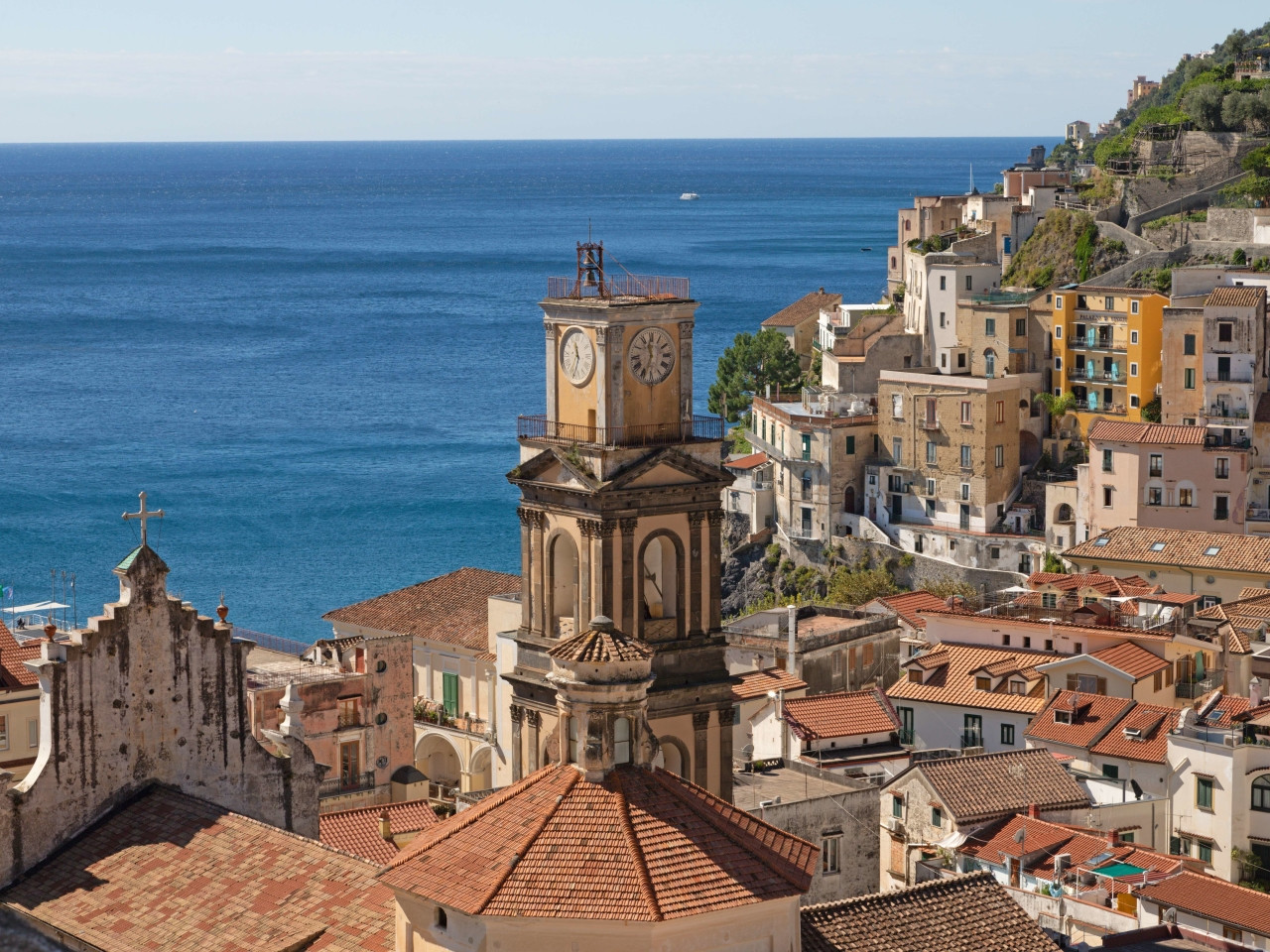 Bell tower and rooftops of Minori with sea view on the Amalfi Coast