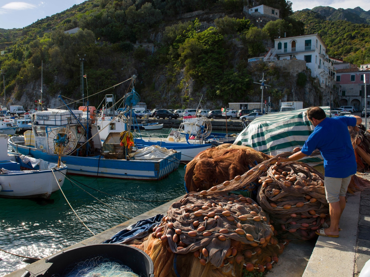 Cetara fishing port with traditional fishing nets on the Amalfi Coast