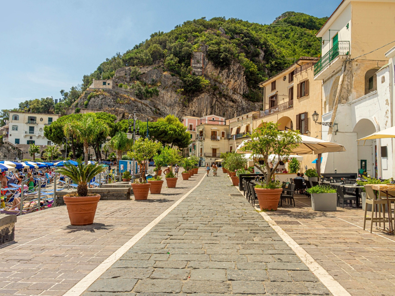 Cetara seafront with seaside restaurants and beach on the Amalfi Coast