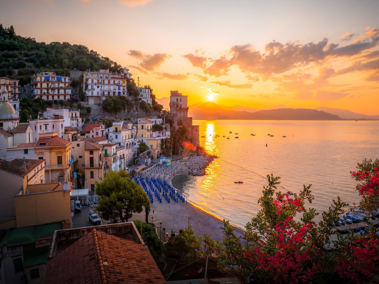 Sunset view of Cetara and the Viceregal Tower on the Amalfi Coast