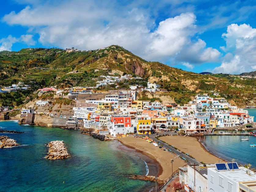 Panoramic view of Sant’Angelo in Ischia with colorful seaside village
