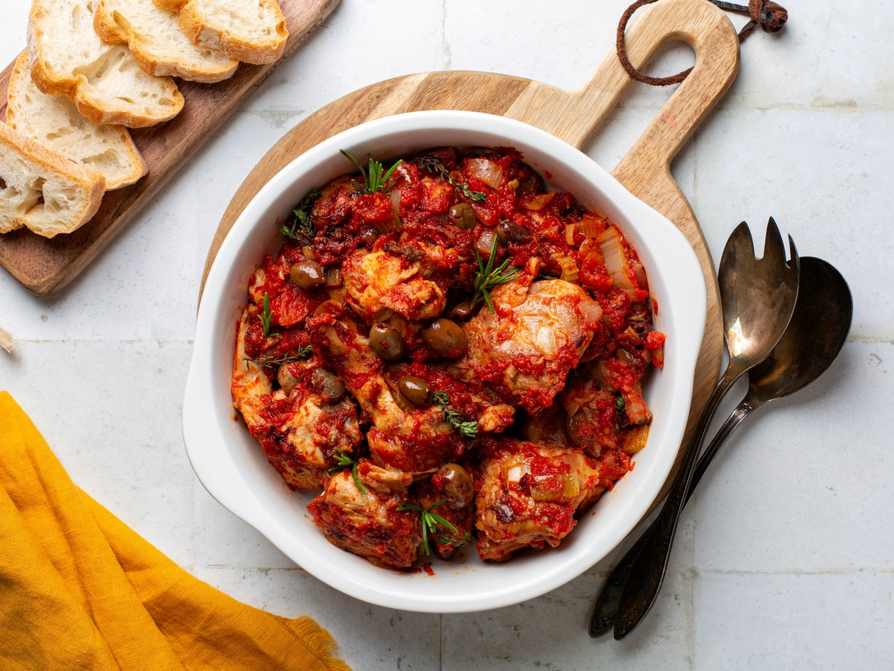 Traditional Ischia-style rabbit cacciatore served with tomato sauce, olives and local herbs