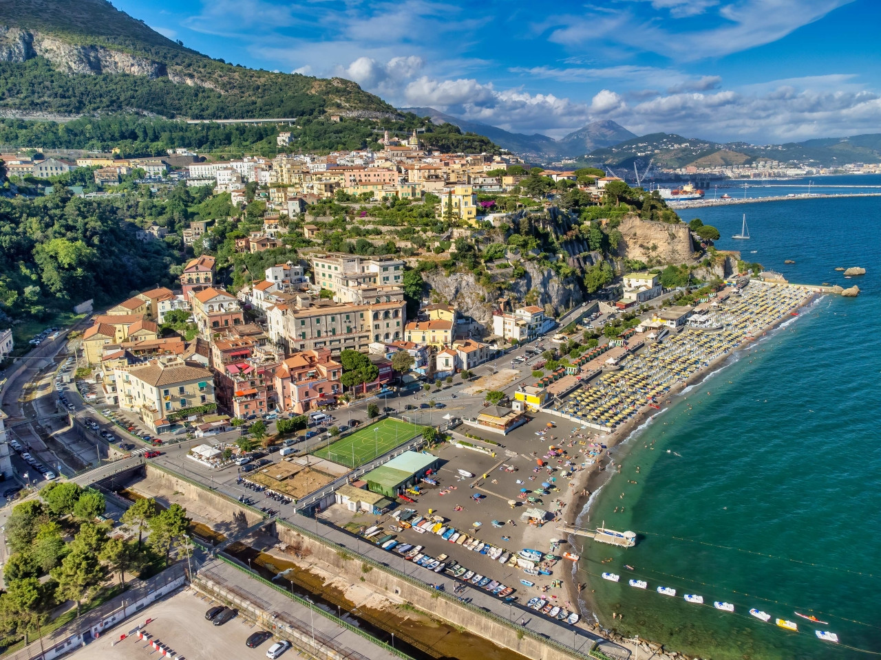 Aerial panoramic view of Vietri sul Mare with its beach and coastline
