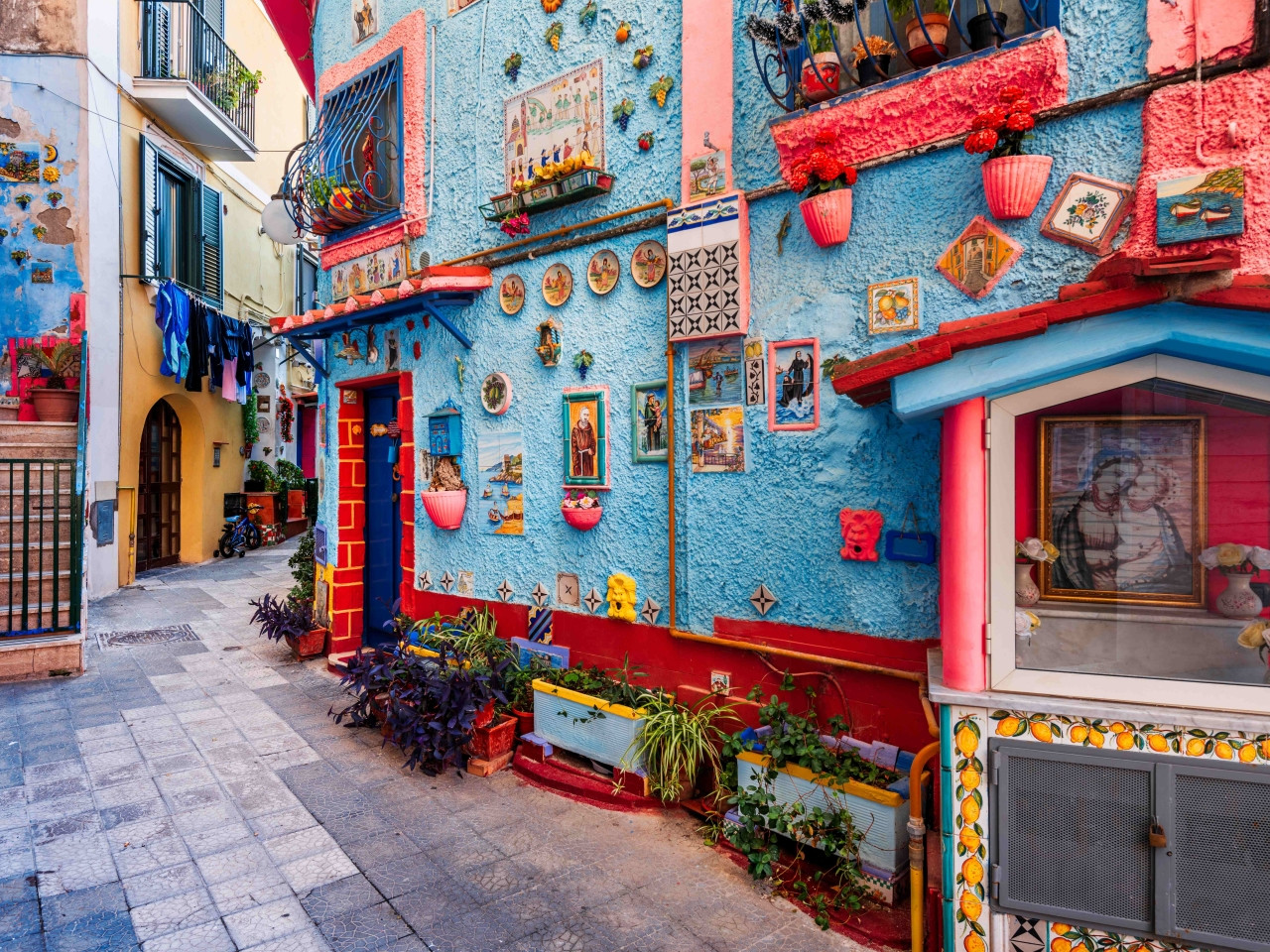 Colourful alley in Vietri sul Mare lined with artisan ceramics