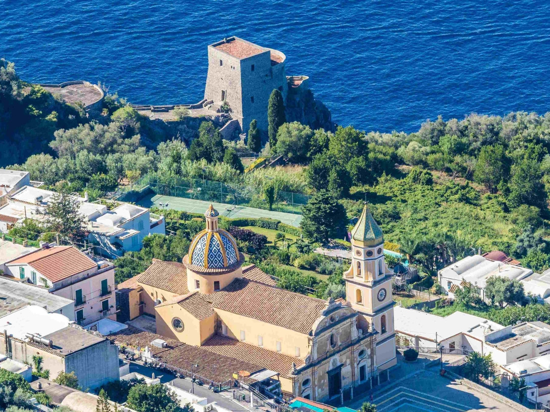 Panoramic view of Praiano with the Church of San Gennaro and the old watchtower on the Amalfi Coast