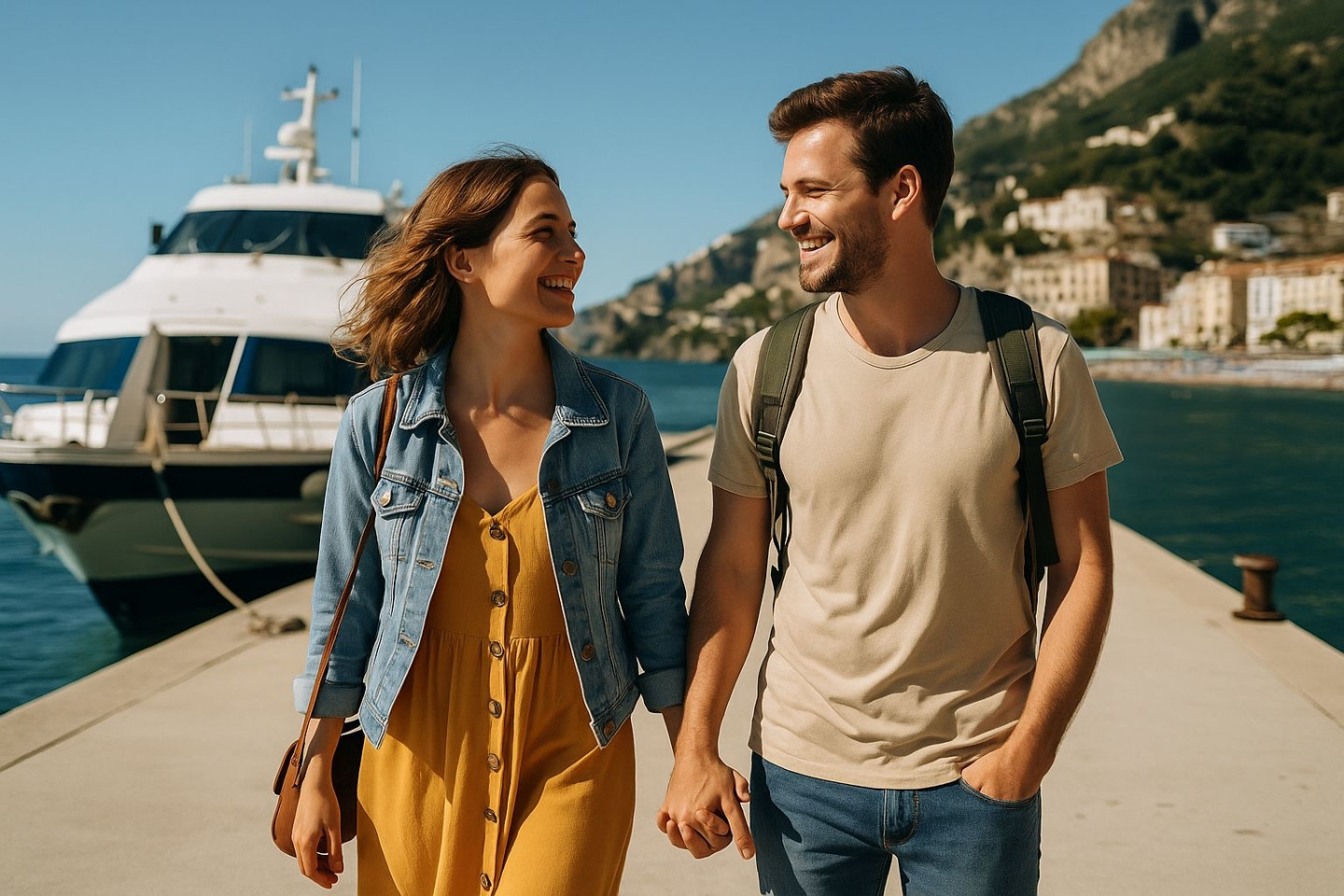 A happy young couple holding hands and smiling while walking on the pier in Maiori with a ferry in the background.