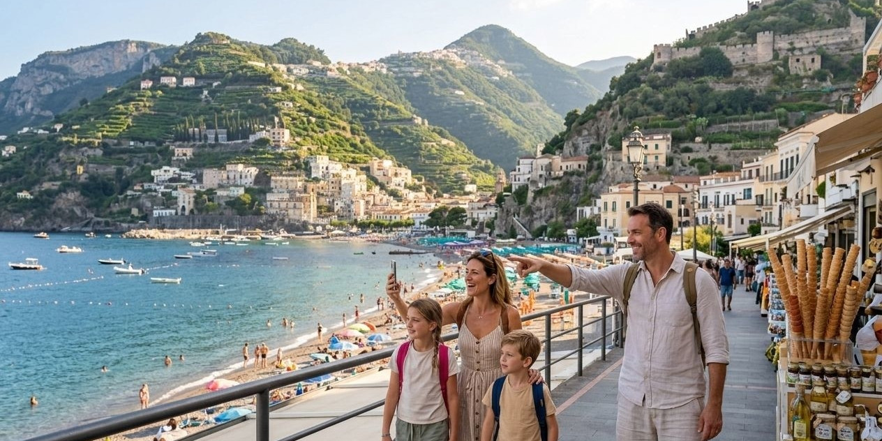 A happy family of four walking along the Maiori promenade on the Amalfi Coast, with the beach, coastal mountains, and the historic castle in the background.