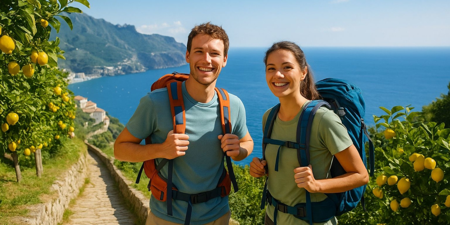 A smiling young man and woman with hiking backpacks standing on a stone path in Maiori, surrounded by lemon trees with a view of the Amalfi Coast and the sea