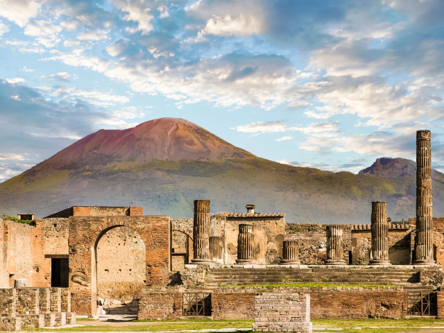 Panorama of the Pompeii excavations with Vesuvius in the background